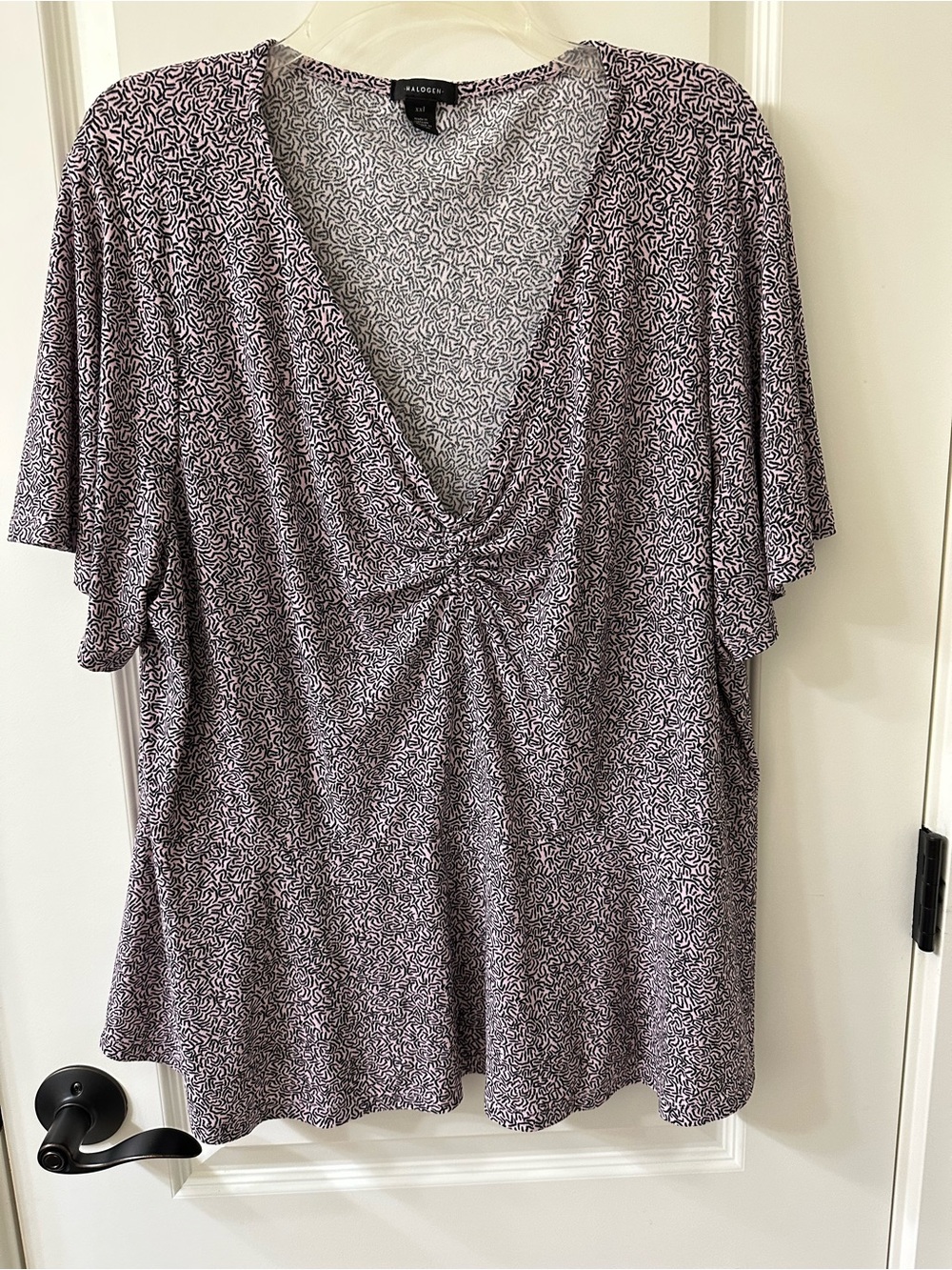 Halogen Lavender-Print Twist Front V-Neck Blouse